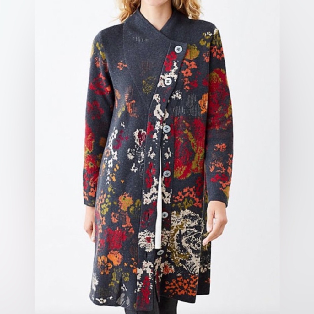 EUC, J. Jill Madison Gray Floral Jacquard Wool Blnd  Long Duster Cardigan, SZ M